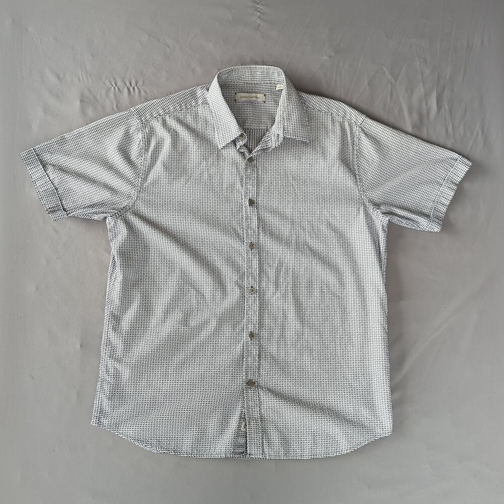 James Campbell Geometric Print Cotton Button Up Shirt Men's White Black Large